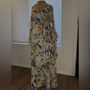 Cream Ruffled Tiered Gown with Bell Sleeves